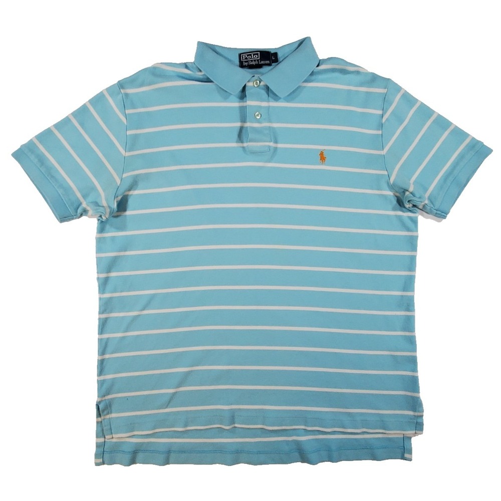Polo Ralph Lauren Men's Large Blue White Striped Short Sleeve Polo Shirt
